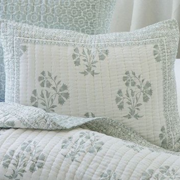 Ballard Designs pair of Ava block print standard pillow shams quilted tie back - Picture 3 of 5